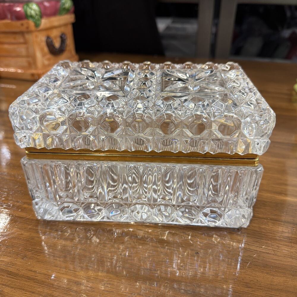 LG French Crystal Brass Jewelry Casket Box.Vtg Hand Cut Lead Crystal Trinket Box